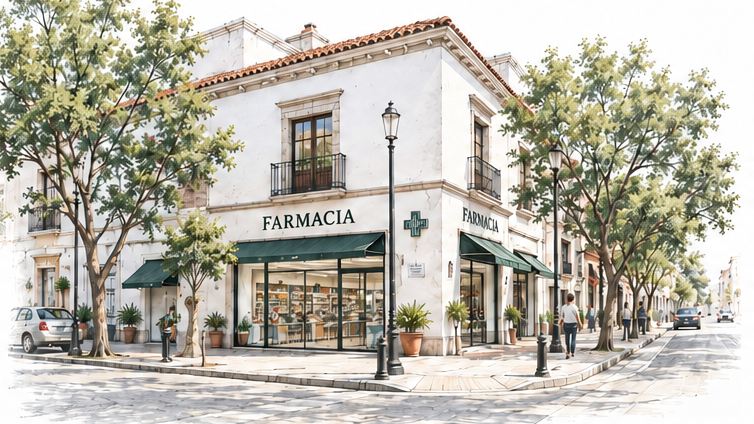 Ilustración de una farmacia en una esquina con árboles; no representa un lugar consultado